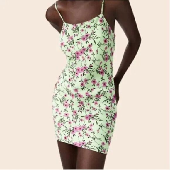 Zara Green and Pink Floral Satin Effect Mini Slip Dress Size L - Picture 1 of 15